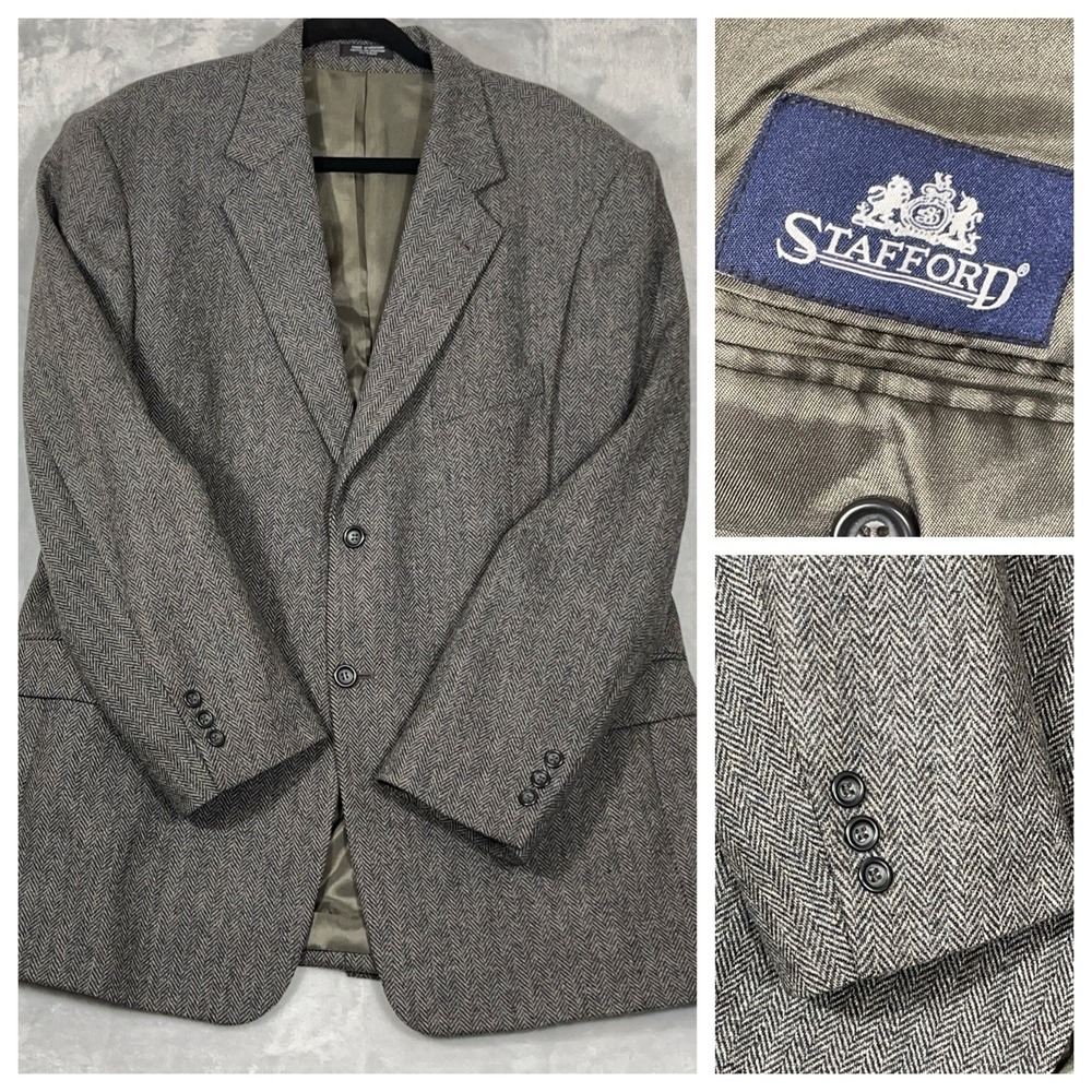 Stafford Gray Wool Blazer‎ Men's 44R Herringbone Sport Coat Suit Jacket Office